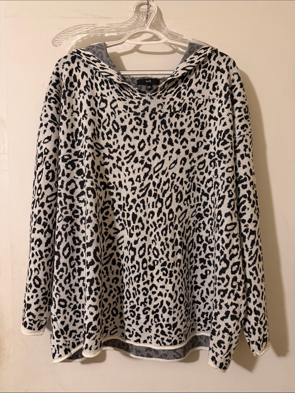 Fate Black and White Leopard-Print Hooded Sweater